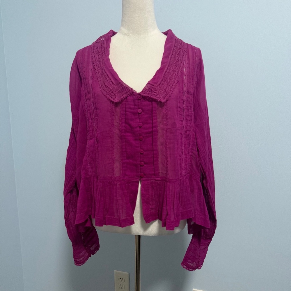Free People Elodie Blouse Dragonfruit V Neck Balloon Sleeve Top Size L‎